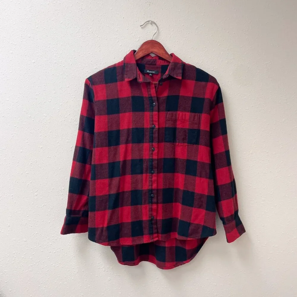Madewell Oversized Ex-Boyfriend Buffalo Plaid Red Black Flannel Shirt - Picture 2 of 8